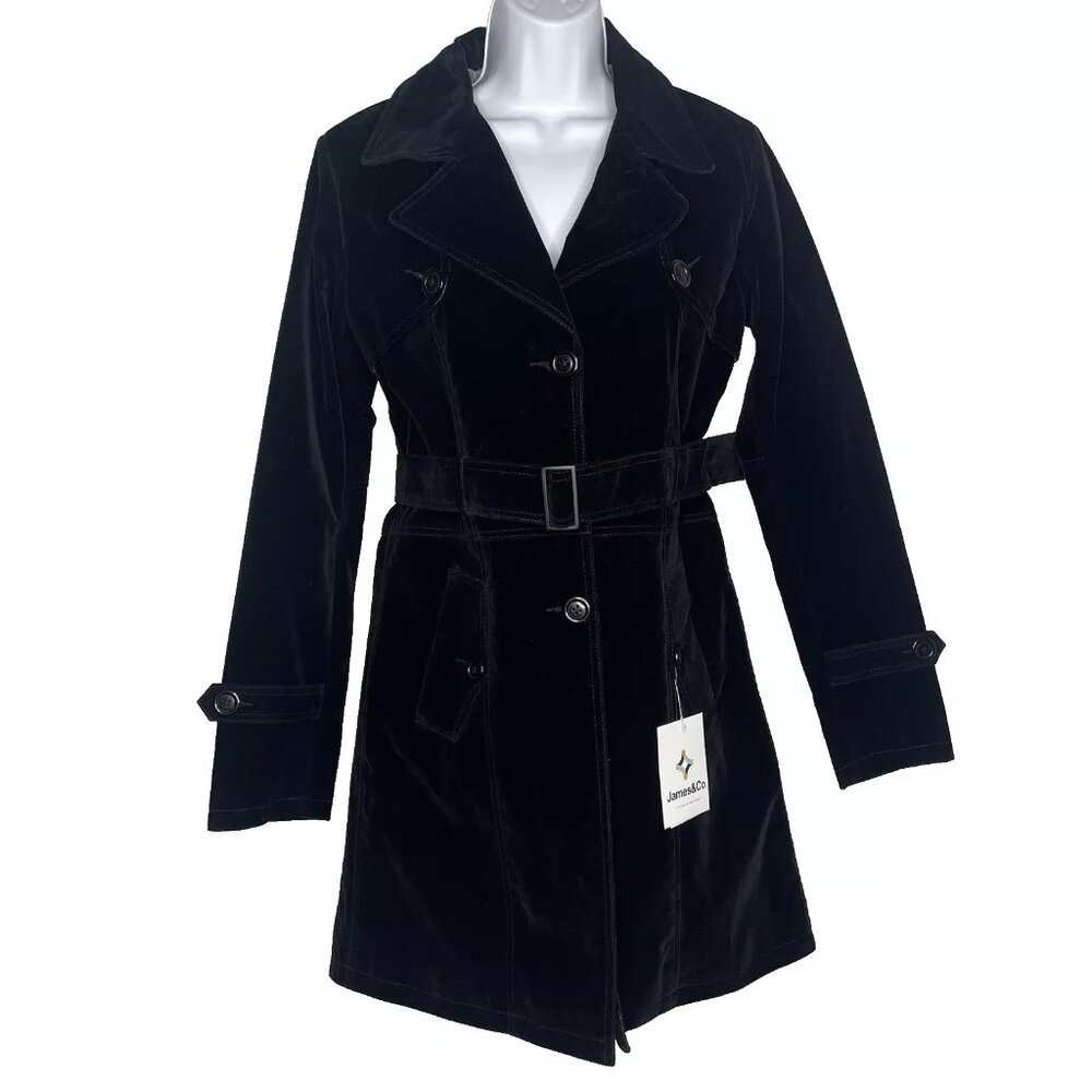 James & Co Debra Vegan Black Velvet Belted Trench Coat Overcoat